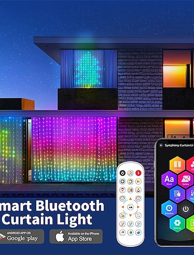  IP44 vanntett smart programmerbar gardinlys, RGB fargeskiftende DIY tilpassbar tekst &mønstre, LED-lyslenker med fjernkontroll, Bluetooth-app, magisk prikkkontroll for hjemmedekor
