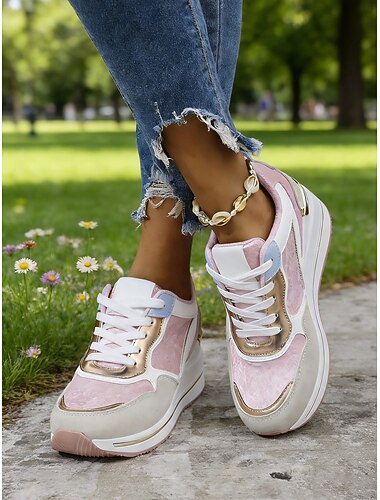  sneakers con zeppa e plateau rosa da donna - scarpe da ginnastica casual con suola ammortizzata, sneakers alla moda con lacci per donna, da indossare tutti i giorni, per passeggiate, viaggi, shopping e attività all'aperto informali