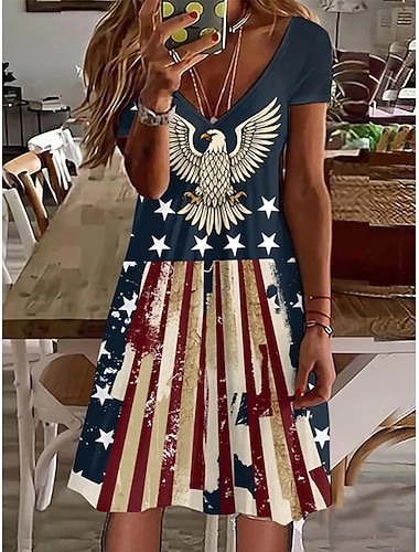  Amerikanischer Unabhängigkeitstag Damen Minikleid Sommerkleid T-Shirt-Kleid A Linie Kleid Lässig Täglich Normale Passform Flagge Kurzarm Rundhalsausschnitt V Ausschnitt Blau Marineblau Weiß Sommer