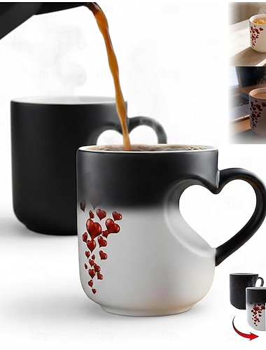  Zauberhafte, farbwechselnde Keramiktasse in Herzform, thermochrome Kaffeetasse mit herzförmigem Henkel, witzige Geschenkidee zum Valentinstag oder Muttertag