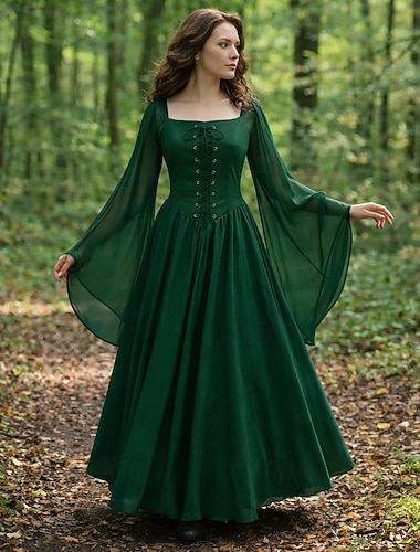  Rétro Vintage Médiéval Renaissance Longueur au sol Robe Manches longues Sorcière Elfe Déguisement Femmes Halloween Carnaval Mascarade Foire de la Renaissance Soirée à thème rétro Adultes Robe Toutes