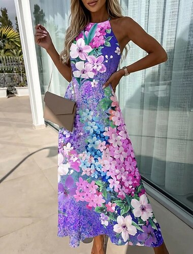  Per donna Abito Midi Abito Floreale Abito con Collo Allacciato Abito Stampato Moda Moderno All'aperto Vacanza Ferie Vestibilità regolare Fiore Senza Maniche All'americana Viola Estate