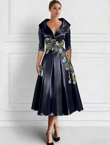  A-Linie Kleid Tee-Länge Perlenbestickt Abendkleid Kleid der Brautmutter Cocktailkleider Partykleider Elegant Vintage Halbarm Hemdkragen Formell Hochzeitsgast Satin mit Spitze