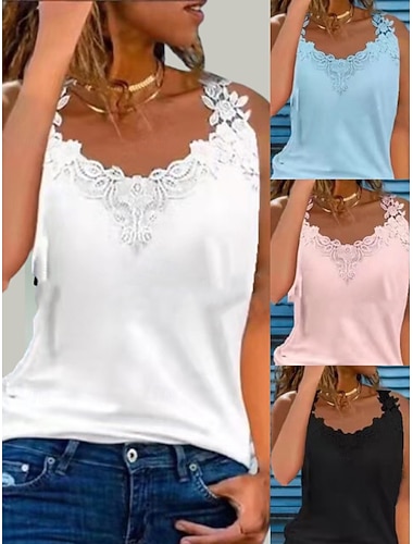  Femmes Débardeur Chemisier Hauts en dentelle Dentelle Uni Élégant Classique Moderne Sans manches Col en V Hauts Réguliers Quotidien Fête Sortir Bleu Noir Blanche Rose Claire Été Printemps