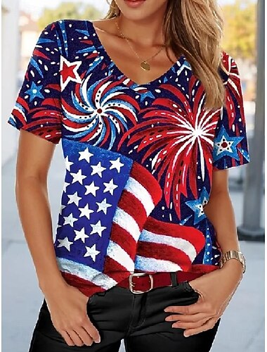  Giorno dell'Indipendenza Americana Per donna Maglietta Stampato Grafico Bandiera Bandiera Americana Vintage Elegante Classico Manica Corta Scollo a V Top Regolari Quotidiano Indaco Bianco Blu marino
