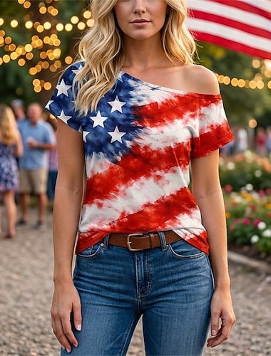  الذكرى السنوية الـ 250 للولايات المتحدة الأمريكية عتيق / معتق الثمانينات تي شيرت كتف واحد أكمام قصيرة ملابس تنكرية نسائي 4 يوليو يوم الاستقلال للبالغين T-skjorte