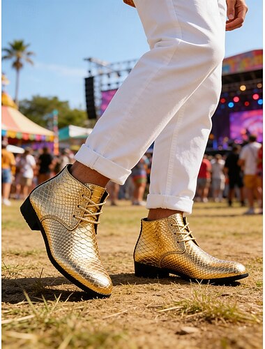  Bottes pour hommes en similicuir doré métallisé, un accessoire tendance pour les festivals de musique et les sorties décontractées.