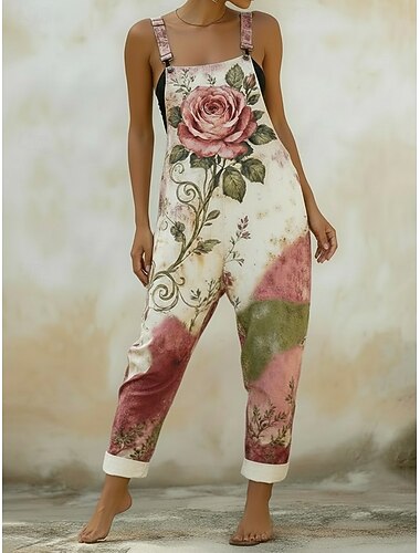  Damen Overall Aktiv Blumen Ärmellos Ärmellos Quadrathals Tasche Druck Täglich Urlaub Lässiger Schnitt Khaki Sommer