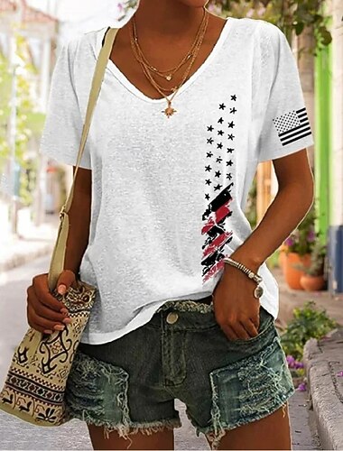  día de la independencia americana Mujer Camiseta Estampado Graphic Bandera Vintage Elegante Clásico Manga Corta Escote en Pico Tops regulares Diario Ceniza Negro Blanco Verano Primavera
