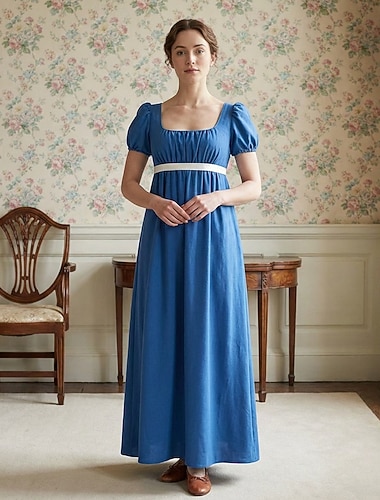  19ème siècle Période de la Régence Longueur cheville Robe Manches courtes Princesse Dame Noble Couleur Unie Col carré Déguisement Femmes Royal Halloween Carnaval Fête du thé LARP Foire de la