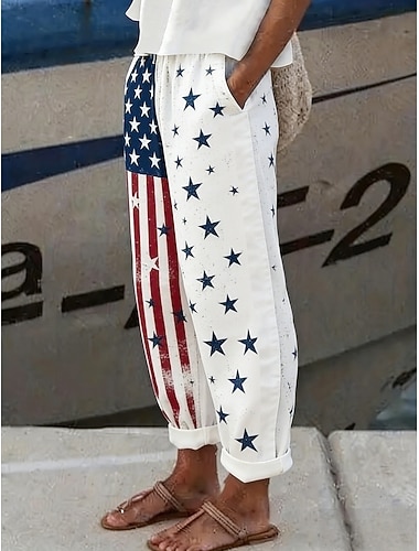  Unabhängigkeitstag Patriotische Damen Hosen Hose Urlaub Vintage Ethnischer Stil Voll Länge Hohe Taille Hosen Floral Amerikanische Flagge Kordelzug Seitentaschen Druck Atmungsaktiv Komfortabel