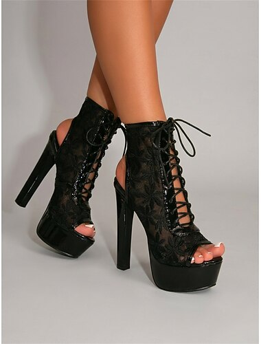  Zwarte platformlaarzen met bloemenkant voor dames – sexy hoge hakken met vetersluiting en open neus voor muziekfestivals, raves en zomerconcerten.
