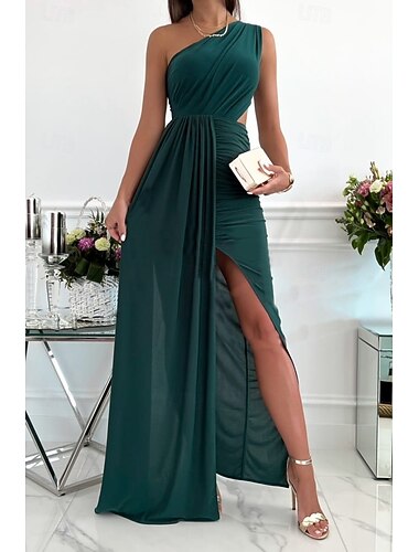  Damskie Sukienka maxi Sukienka A line Elegancja Impreza koktajl Na zewnątrz Impreza Gość weselny Cekiny Niejednolita całość Szczupła Jednokolorowe Bez rękawów Na jedno ramię Jasnoróżowy Czerwony