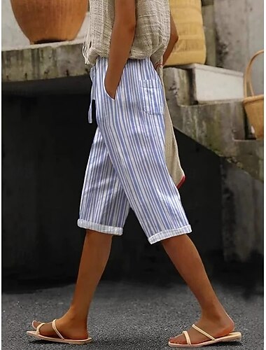  Damen Capri-Shorts Shorts Sommershorts Urlaub Mode Streetwear Knielang Hohe Taille Gestreift Kordelzug Tasche Elastischer Bund Atmungsaktivität Bequem Unelastisch Täglich Urlaub Straße Weiß Sommer