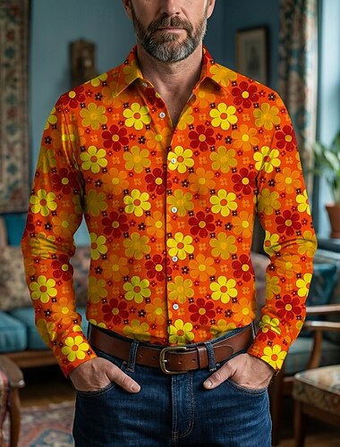  Retro Antiguo Años 70 Camisas Camisa hawaiana Larga Hippie Floral Disfraz Hombre Mascarada Festival de Música Fiesta Ropa Cotidiana Adulto Camisas