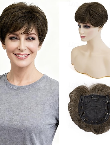  Kurzhaar-Topper für dünner werdendes Haar, 10 cm (4 Zoll) kurze Pixie-Cut-Topper, natürliche lockige Textur, synthetische dunkelgoldbraune Perücken (10 cm/4 Zoll).