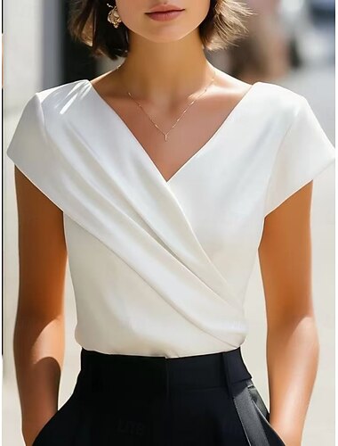  Femmes Chemise d'été Chemise habillée Chemisier Croisé Couleur Unie Élégant Basique Manche Courte Col en V Hauts Réguliers Quotidien Extérieur Travail Blanche Été Printemps