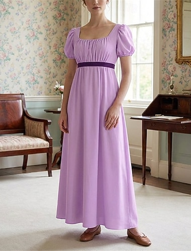  século 19 Período da Regência Até o Tornozelo Vestidos Mangas curtas Princesa Senhora Mulher nobre Côr Sólida Decote Quadrado Fantasia Mulheres Real Dia Das Bruxas Carnaval Festa de Chá LARP Ren Faire