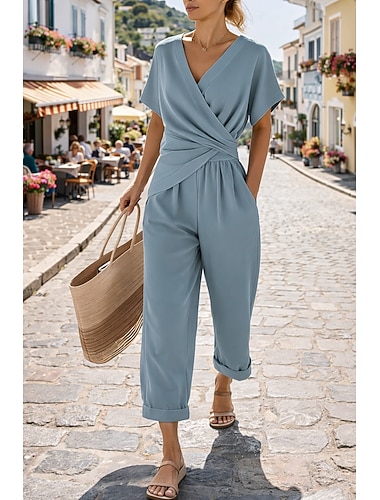  Femmes Ensembles de Pantalons Haut boléro Manche Courte Col en V Uni Froncé Élégant Mode Streetwear Occasionnel Quotidien Extérieur Bleu Kaki Beige Été Coupe régulière