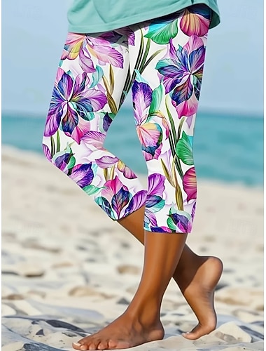 Damen Caprihose Leggings Urlaub Vintage Mode Capris Mittlere Taille Blumen Grafik 3D-Druck Drucken Komfort Weich Atmungsaktiv Hohe Elastizität Lässig Täglich Urlaub Violett Sommer Frühling Schmale