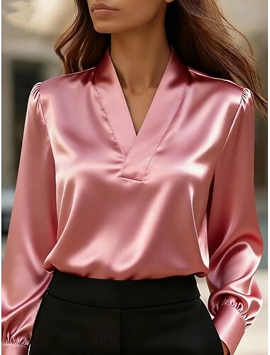  damebluse satengskjorte ensfarget elegant stilig arbeid langermet v-hals vanlig topper daglig kontorarbeid svart hvit rosa khaki vår høst
