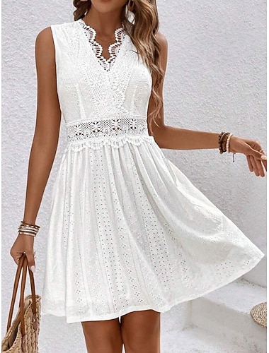  Damen Minikleid Spitzenkleid Weißes Kleid Elegant Mode Modern Outdoor Urlaub Ausgehen Normale Passform Einfach Ärmellos V Ausschnitt Weiß Sommer Frühling