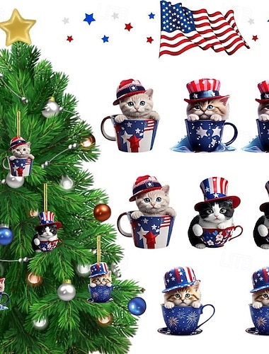  8 stk. patriotiske ornamenter til 4. juli, søt kattunge i tekopp hengende dekorasjon, uavhengighetsdagen rød hvit blå amerikansk flagg klatretre dekor til hjemmefest, minnedagsgaver til katteelskere