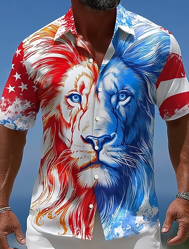  Herren Löwe 250. Jahrestag des Unabhängigkeitstages der USA am 4. Juli US Flagge Hemd Knopfhemd Kurzarm Patriotisch Outdoor Ferien Sommer Frühling Umlegekragen 3D-Druck Hemden mit Kragen Weiß 1 Wei