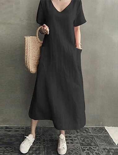  Vestido Maxi Feminino de Linho Sintético como Algodão Vestido Justo Vestido de Mudança Vestido de Verão Casual Diário Escritório para Festas Ajuste Solto Manga Curta Decote em V Preto Rosa Damasco