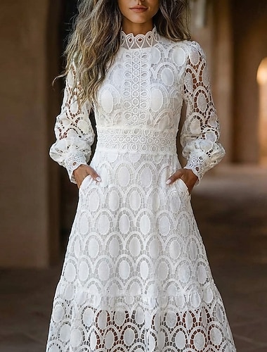  Damen Midikleid Maxikleid Weißes Kleid Spitzenkleid Freizeitkleid Elegant Mode Modern Outdoor Urlaub Ausgehen Normale Passform Schlank Geometrisch Langarm Hoher Ausschnitt Stehkragen Schwarz Wei