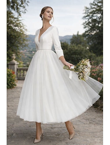  Ligne A Longueur thé Robes de mariée Robes pour enterrement de vie de jeune fille robe de mariée ancien Années 1940 / 1950 Petites Robes Blanches Manche 3/4 Col en V Remise des Diplômes Anniversaire