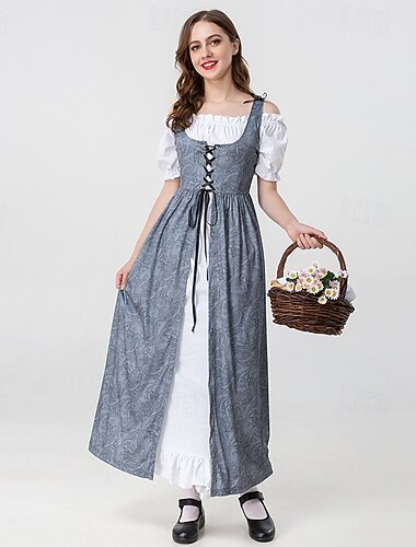  século 19 década de 1800 Velho Oeste Longo Vestidos Mangas curtas Garota Pioneira Pioneiro Linha A Decote Quadrado Fantasia Mulheres Dia Das Bruxas Carnaval Adulto Vestido Todas as Estações