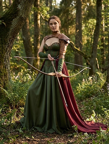  Set Médiéval Renaissance Chic Longueur au sol Robe Brassards Armure d'Épaule avec accessoires Sans manches Elfe Fée Déguisement Femmes Halloween Carnaval Foire de la Renaissance LARP Soirée à thème