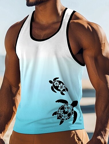  Débardeur homme à motif tortue de mer et hibiscus, style tropical hawaïen, dégradé ombré, col rond, idéal pour l'été, la plage, les vacances et le surf. Tailles S, M, L, XL, XXL, XXXL.