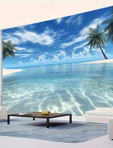  Strandmotiv, billedvev med livlige palmer og krystallklart hav, perfekt veggdekor til stue, soverom eller kystinnredning