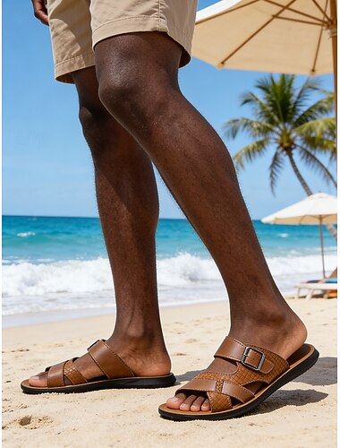  Brune herresandaler, stilig justerbar stroppdesign, komfortable og trendy for strandferier, utendørsaktiviteter og sommeraktiviteter