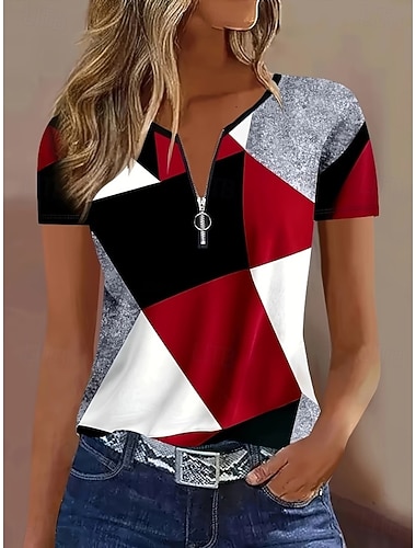  Femmes T-shirt Fermeture éclair Quart de zip Graphique Géométrique Abstrait ancien Tropical Hawaïen Manche Courte Col ras du cou Hauts Réguliers Mariage à la plage Quotidien Sports Bleu Noir Rose