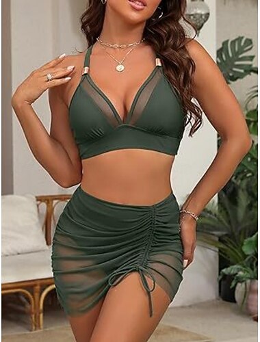  Dames Zwemkleding Bikini 2 stuks Rok Zwempak Trekkoord Slank Blote rug Vakantie Strand Kleding Effen Kleur V-hals Mouwloos Badpakken