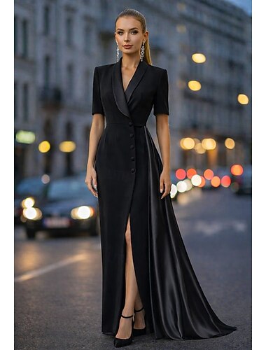  Dames Blazerjurk Smokingjurk Trompet zeemeermin liiketoiminta Formeel Bruiloft gast Satijn Stretch crêpe Elegant Formeel Korte mouw Tot de grond Sjaalrevers Dubbele rij knopen