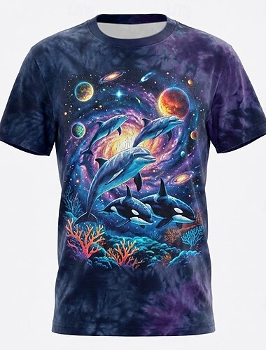  Retro 90-talls kosmisk delfin orka rom galakse 3D grafikk t-skjorte herre lilla tie dye marint liv klær s m l xl xxl xxxl