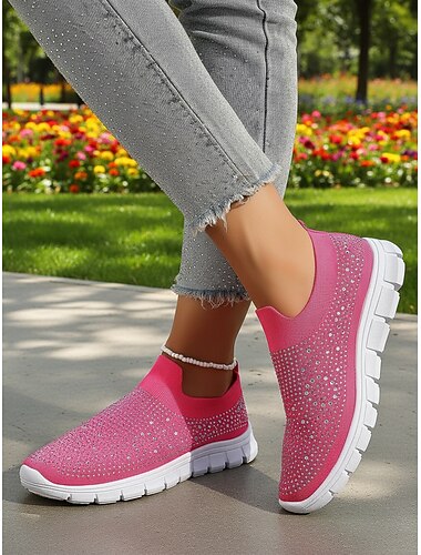  נעלי ספורט ורודות עם אבני חן - חלק עליון נושם מבד פלייקניט, קל משקל &נעלי ספורט נוצצות להליכה, ריצה קלה, טיולים, ללבישה יומיומית &אימונים קלים
