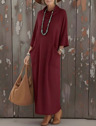  Mulheres Vestido midi Vestido de turno Vestidos Para o Verão Vestido T shirt Férias Festa Casual Diário Escritório Praia Tecido Manga Longa Gola Alta Azul Claro clarete Preto Verde Outono