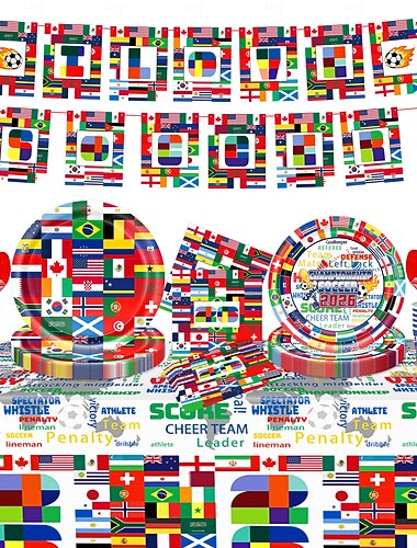  decorazioni per feste di calcio, set di 96 articoli per feste di compleanno a tema calcio – 9 in 1 con piatti, bicchieri, tovaglioli, tovaglia, striscione &posate, kit di stoviglie per feste a tema