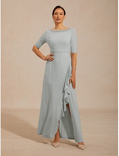  Femmes Robe maxi Robe trapèze Élégant Soirée robe demoiselle d honneur Remise des Diplômes Froncé Embelli Couleur Unie Demi Manches Col ras du cou Col Bateau Bleu ciel