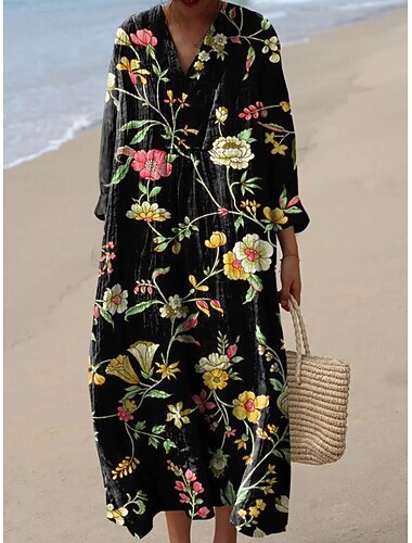  Femmes Robe maxi Robe d'Été Robe trapèze Vacances Occasionnel Boho Plage Soirée Coupe Ample Fleuri Graphique manche longue Col en V Marron foncé Noir Beige Été Printemps