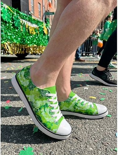  Herren-Sneaker mit Kleeblattmuster zum St. Patrick's Day – stylisch &Bequeme Schnürschuhe aus Canvas mit grünem Blumenmuster für St. Patrick's Day und Freizeitkleidung