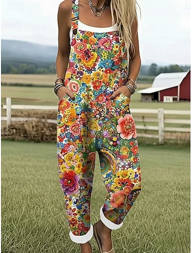  Damen Overall Aktiv Blumen Ärmellos Ärmellos Quadrathals Tasche Druck Täglich Urlaub Lässiger Schnitt Grün Sommer