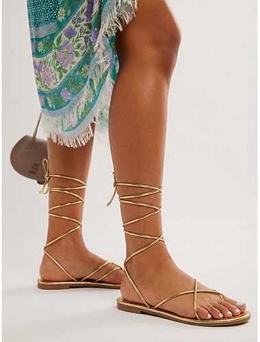  sandali da donna con lacci in metallo dorato - eleganti scarpe basse con cinturino alla gladiatrice per resort all'aperto, vacanze sulle isole tropicali &feste estive in spiaggia