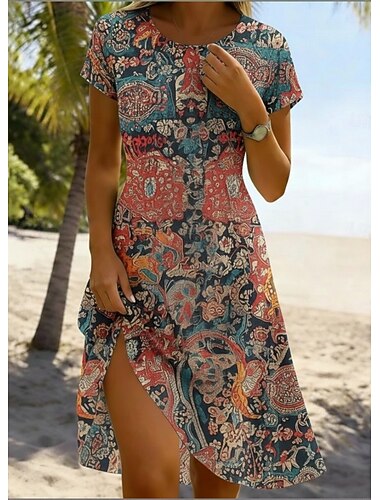  نسائي فستان قصير فستان خفيف فستان تيشيرت فستان شكل حرف A العطلة كاجوال الأماكن المفتوحة شاطئ مناسب للخارج قياس أساسي ستاندرد ورد الرسم زخرفات كم قصير كرونيك كستنائي نمط أبيض ابيض ازرق الصيف الربيع