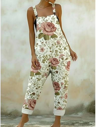  Damen Overall Aktiv Blumen Ärmellos Ärmellos Gerade Quadrathals Tasche Druck Täglich Urlaub Lässiger Schnitt Beige Sommer